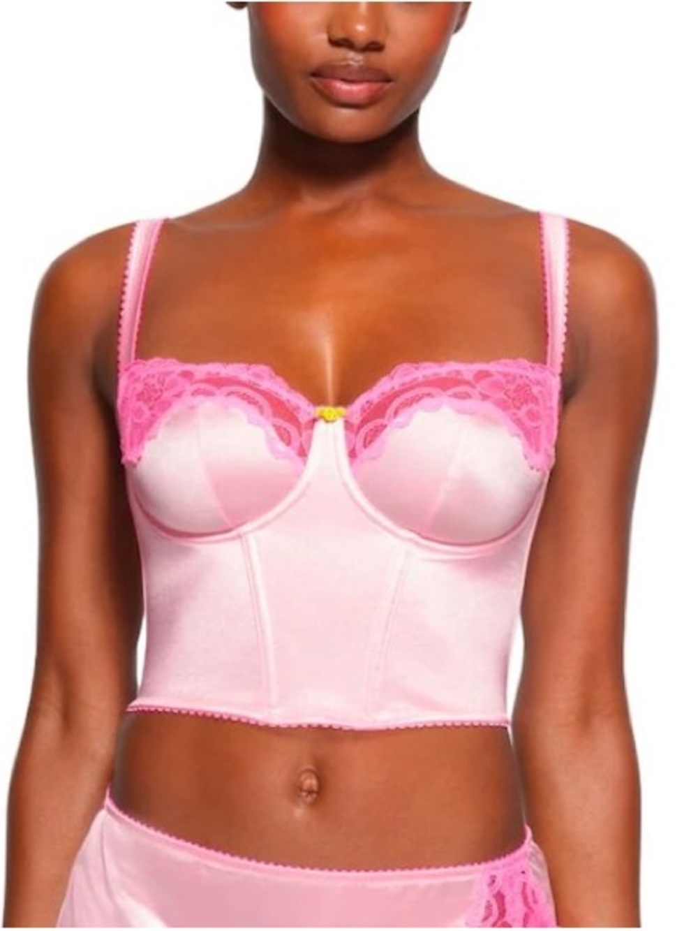SKIMS Stretch Satin Lace Corset Bustier Crop Top in Cherry Blossom Pink Size XS